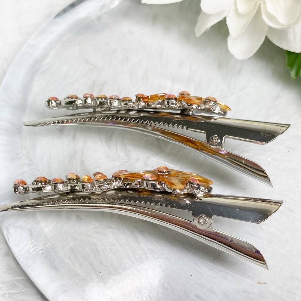 Crystal Floral Beaded Alligator Hair Clips Set Of Two Pink Silver Tone NEW - Picture 5 of 7
